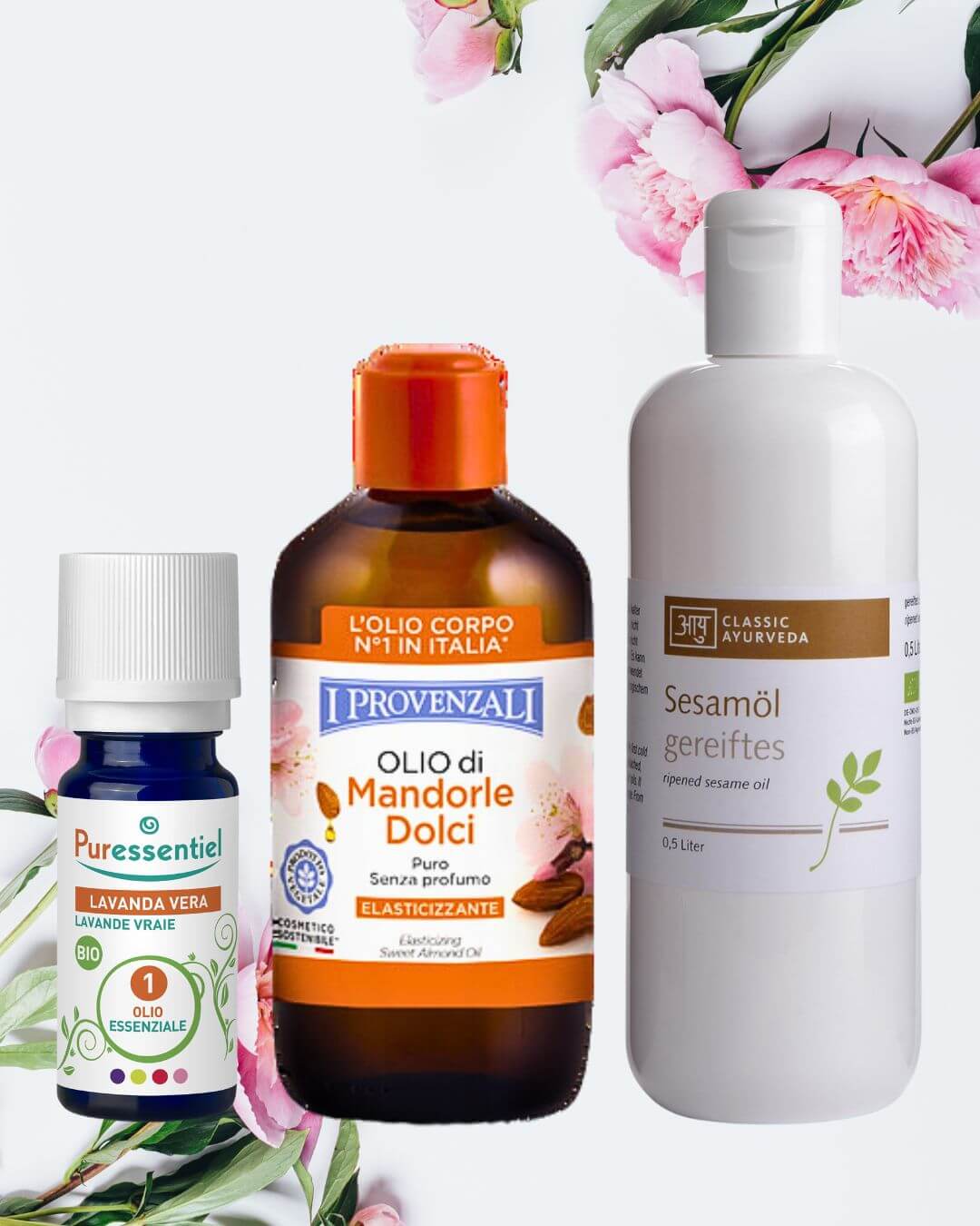 il mix di olii per armonia e relax su sfondo floreale rosa