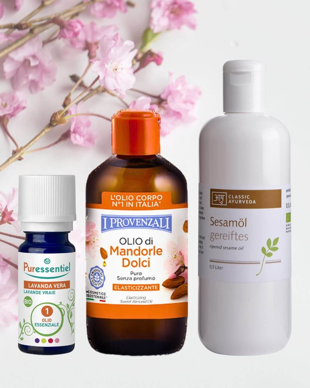 il potere degli olii naturali su sfondo floreale rosa